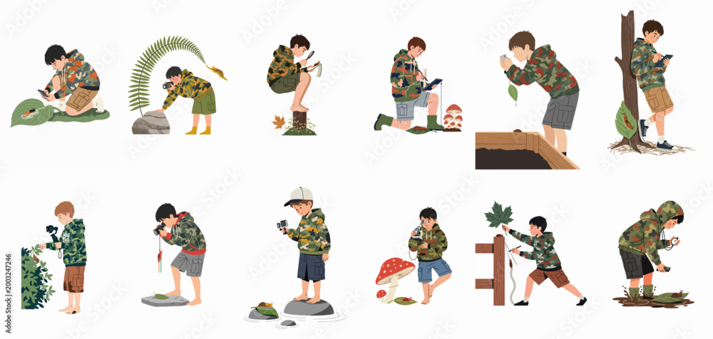 Obraz premium Set of illustrations depicting a young boy in camouflage exploring nature, studying plants and insects using cameras, magnifying glasses, and scientific tools.