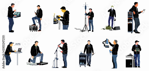 Illustration collection of professional sound engineers and audio technicians operating various equipment like mixers, microphones, and racks in a studio or live environment.