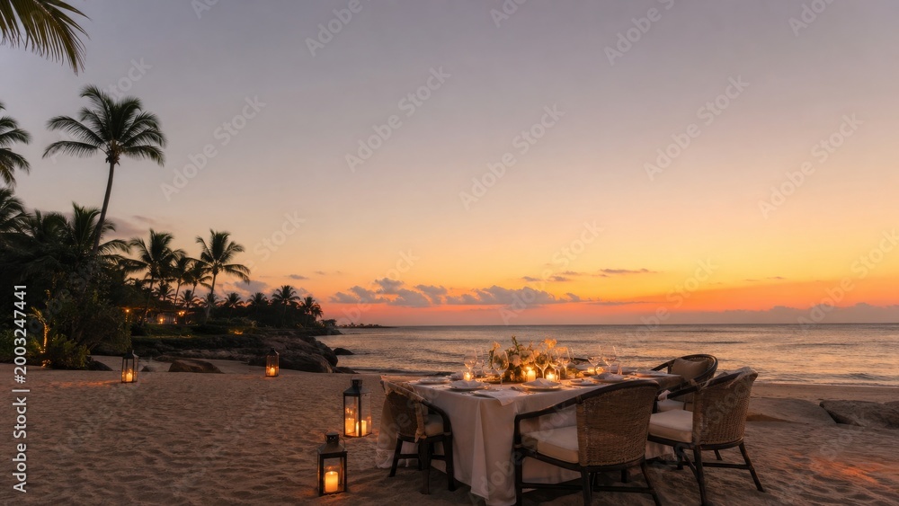 Naklejka premium Romantic candlelit beach dinner at sunset on tropical shoreline