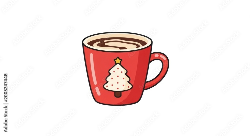 Obraz premium Festive red mug with hot chocolate drink and christmas tree design