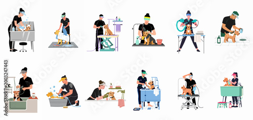 A collection of various professional pet groomers bathing, drying, and grooming small terrier dogs in a salon setting, flat vector illustration set.