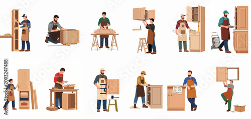 Collection of professional carpenters and woodworkers assembling, measuring, and installing wooden cabinets and furniture in a workshop environment.