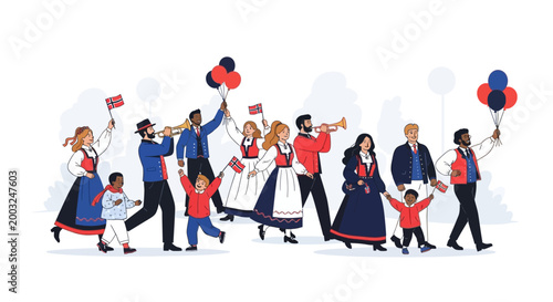 A cheerful group of diverse people celebrating Norway's Independence Day in a lively public parade, waving Norwegian flags and holding balloons, rendered as a colorful vector illustration