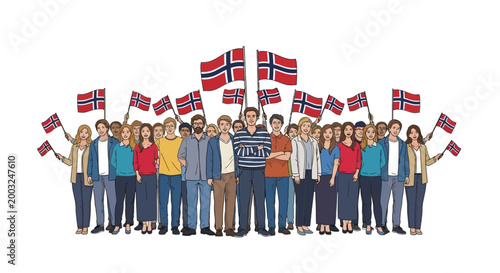 A vector illustration depicts a diverse group of people celebrating Norway National Day, waving Norwegian flags with red and blue crosses against a clean white background, conveying a sense