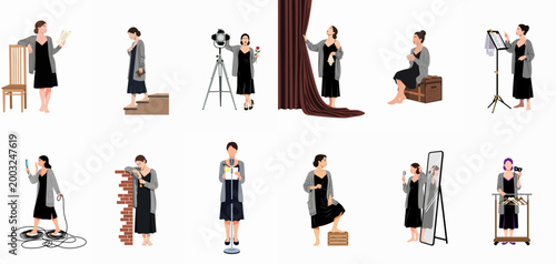 Vector Illustration Set Depicting an Actress in Various Performance and Backstage Scenarios, from Rehearsing Scripts to Singing on Stage.