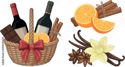 Wine Basket with Cinnamon Sticks, Chocolate, Orange Slices, and Vanilla for Holiday Gift and Culinary Illustrations