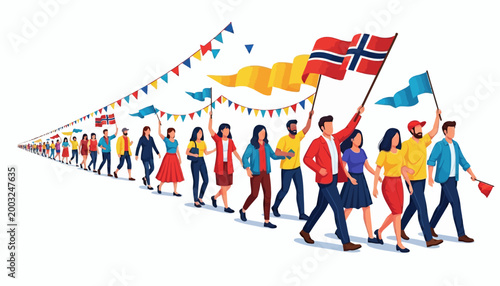 A long line of vector characters celebrates Norway's Independence Day by parading with Norwegian flags and bunting, rendered in a bright, colorful illustration against a clean white