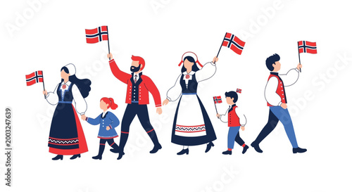 A vector illustration features people in traditional Norwegian clothing joyfully celebrating Norway National Day with flags, set against a clean white background and conveying a sense