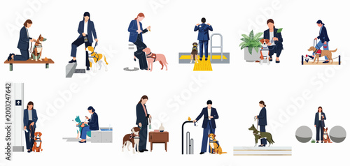 Flat vector illustration collection of people in professional attire training and interacting with service dogs in various public and indoor settings.