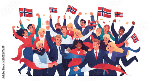A jubilant group of people celebrate Norway Independence Day with flags and a red ribbon, depicted in a colorful vector illustration against a clean white background conveying a sense