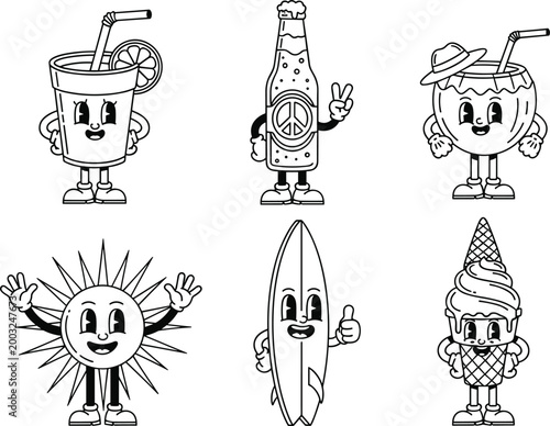 Retro Groovy Summer Characters Set with Lemonade, Beer Bottle, Coconut, Sun, Surfboard and Ice Cream Outline Mascots