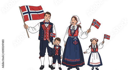 Vector illustration of a family celebrating Norway National Day, dressed in traditional folk costumes and waving Norwegian flags against a clean white background, conveying a spirit