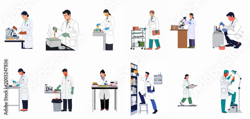 A collection of flat vector illustrations of scientists and lab researchers performing various scientific tasks and experiments in a professional laboratory environment.