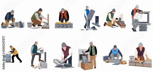 Fotografie Collection of stonemasons and construction workers building walls, laying stone tiles, and using masonry tools in flat illustration style, isolated on white