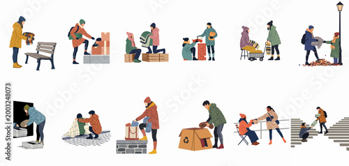 Collection of flat illustrations depicting compassionate volunteers donating blankets and warm clothing to homeless people in various urban settings during winter.