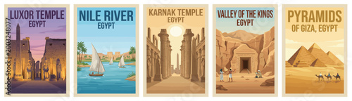 Vintage africa travel poster set. Including luxor, nile river, karnak temple, valley of the kings, and pyramids of giza. Retro vector illustration.