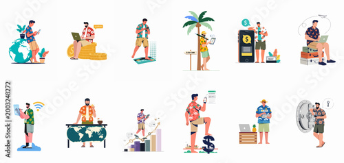 Flat illustration set of a digital nomad managing finance, trading, and remote working while traveling in summer vacation attire.