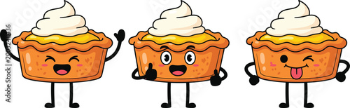 Cute Kawaii Pumpkin Pie Characters Set with Three Different Happy Expressions and Whipped Cream Cartoon Mascots