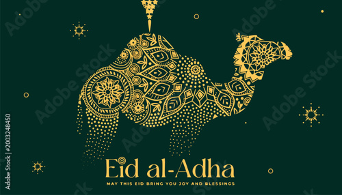 Ornate camel illustration for eid al-adha greetings on a dark green background with holy day illustration festival celebration sacrifice religious traditional blessings background