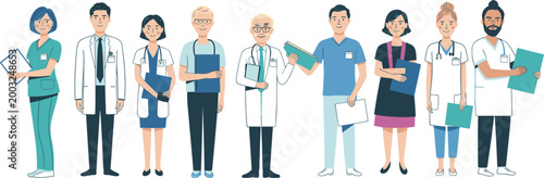 Medical staff team illustration, diverse healthcare professionals doctors and nurses standing together with clipboard and uniforms
