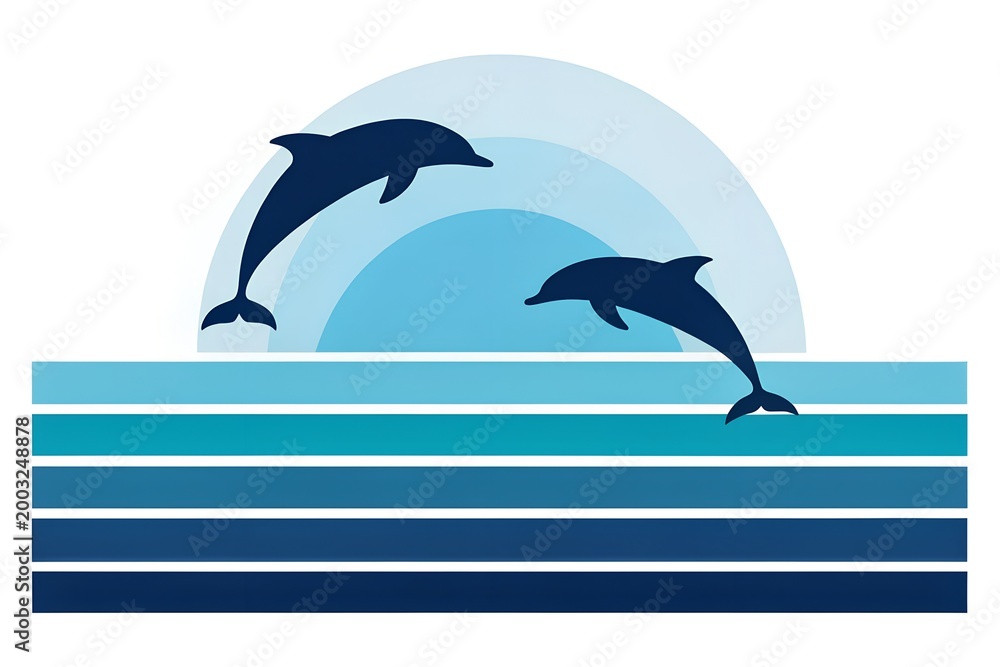 Obraz premium Two elegant dark blue dolphin silhouettes are dynamically leaping high out of a beautifully stylized ocean, artfully depicted by a series of calm horizontal stripes in various shades of vibrant blue, 
