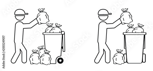 Cartoon garbage bag and container. Waste bin or or litterbin. Garbage can, trash can. Trash bin or dust bin symbol. Waste Recycling. Global day of recycling, recycles day. Recycle and solid waste.