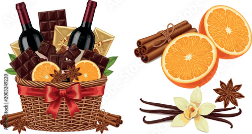 Wine Basket with Cinnamon Sticks, Chocolate, Orange Slices, and Vanilla for Holiday Gift and Culinary