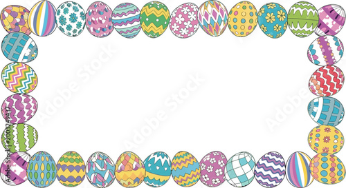 Colorful easter eggs frame with various patterns and designs on white background