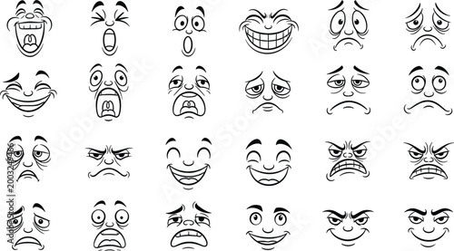 Collection of Cartoon Emotion Faces with Various Expressions Vector Illustration Set