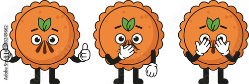 
Cute Retro Pumpkin Pie Mascot Character Set Showing Three Wise Monkeys Poses with Thumbs Up Cartoon Illustration