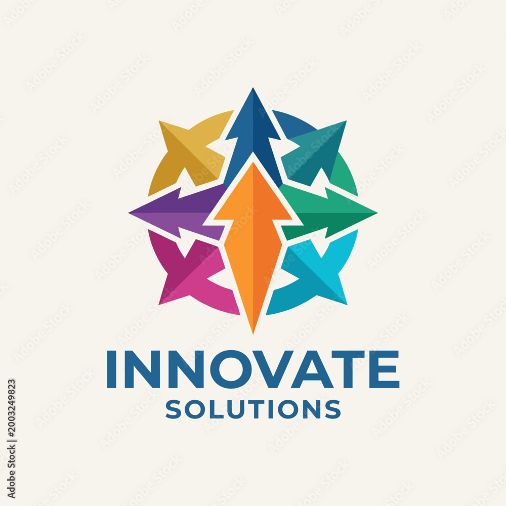 Obraz premium This image features a vibrant logo design with colorful arrows converging towards a central point, symbolizing innovation, collaboration, and forward-thinking solutions.