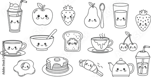 Cute Kawaii Black and White Food Coloring Page Set with Fruits, Drinks, Breakfast and Kitchen Items Outline