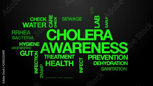 cholera awareness concept Animated Tag Word Cloud kinetic typography, Text Design Animation typography seamless loop video motion graphics Intro Wordart green type on black background bg backdrop