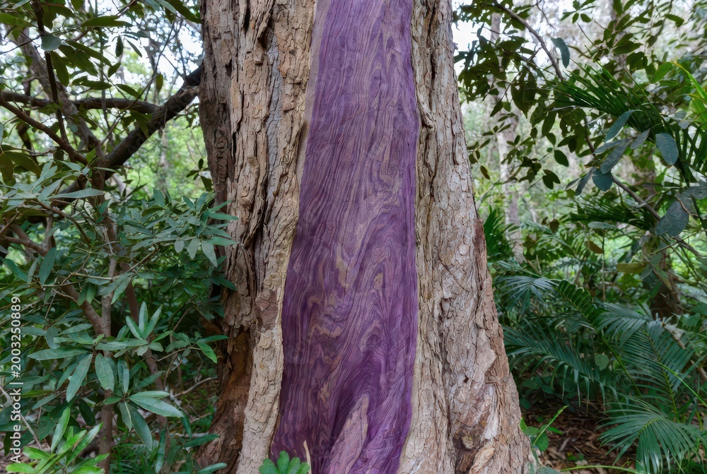 Obraz premium Close-up of a textured tree trunk with a striking purple wood grain revealed