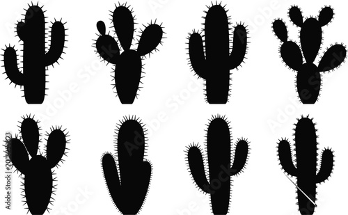 Cactus Collection with Different Shapes and Sizes Black Silhouette Vector Illustration Set