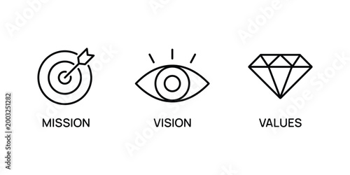 Mission, vision and values icon set. Target with arrow, business view, and diamond icons. Mission purpose, leader vision, and brilliant value icons. Success template