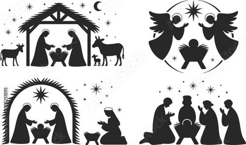 Nativity scene silhouettes set, holy family and angels with manger for Christmas religious illustration design