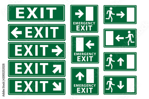 Emergency exit sign set. Emergency and fire exit icons. Man running out arrow, green background.