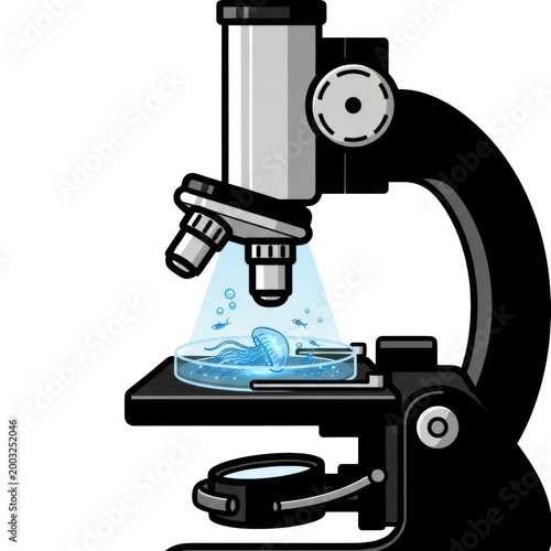Stylized Scientific Microscope Viewing Blue Jellyfish Specimen on Transparent Background