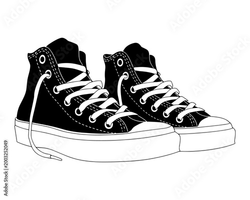 Black and White High Top Sneakers Pair Vector Illustration, Classic Canvas Shoes Outline Style