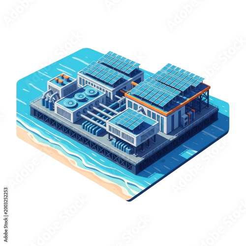 Isometric Solar Powered Industrial Facility Floating on Coastal Water Platform