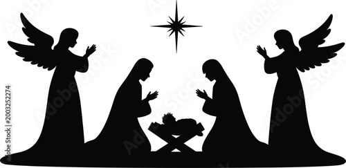 Holy nativity silhouette, baby Jesus with Mary Joseph and angels under star for Christmas illustration