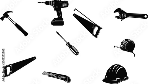 Construction tools icons set with hammer drill saw wrench screwdriver tape measure cutter and safety helmet silhouettes