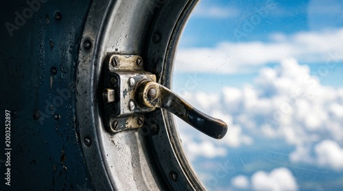Airplane Window View: A close-up of an airplane porthole window with a vintage metal latch, revealing a breathtaking view of the sky filled with fluffy white clouds below.
