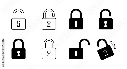 set of padlock icons showing locked and unlocked states black and white