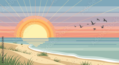 Peaceful beach sunset features a flock of birds flying over calm waters with green seagrass growing on the sandy dunes.