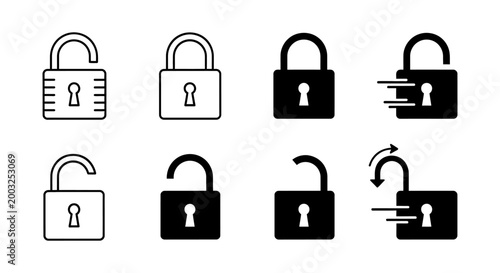 set of padlock icons showing locked and unlocked states security concept