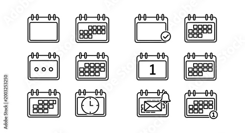 set of twelve minimalist calendar icons with different designs and notifications