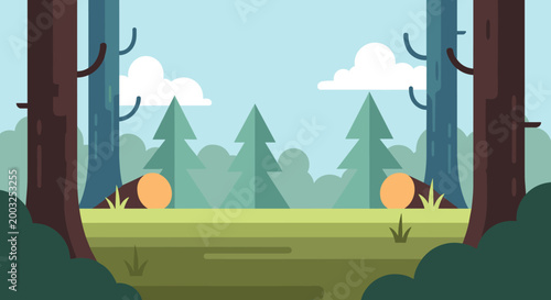 Flat design forest clearing shows tree stumps and evergreen pines under a light blue sky with fluffy white clouds.