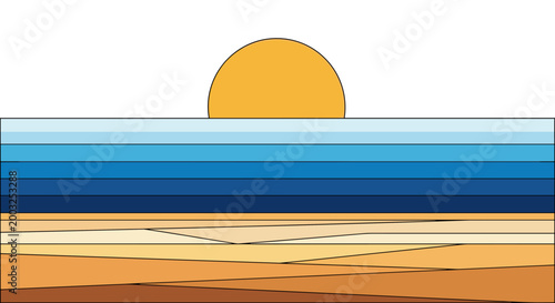 Abstract horizontal layers represent a sunset over the ocean with a large yellow sun and sandy beach in a geometric style.